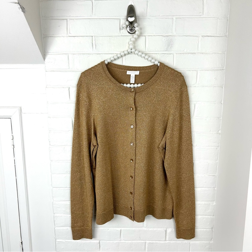 Charter Club Gold Metallic Thread Knit Cardigan Sweater Size L